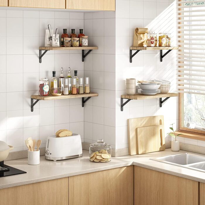 Настінна полиця з дерева та металу, комплект із 4 плаваючих полиць з 3 варіантами кріплення декоративна настінна полиця для вітальні, кухні, спальні, ванної кімнати та офісу, коричнева