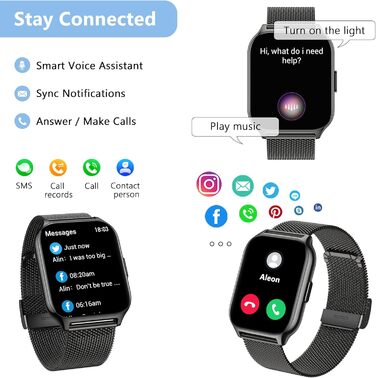 Розумний годинник для чоловіків та жінок, 2,01-дюймовий фітнес-трекер з функцією телефону/голосового помічника/нагадування про повідомлення, фітнес-годинник з монітором серцевого ритму та сну (чорний метал чорний силікон) ЧорнийЧорний