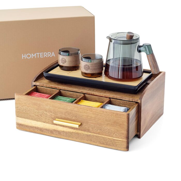 Чайна скринька з дерева акації Стильне сховище для чаю з шухлядою 8 великих відділень (до 144 чайних пакетиків) Органайзер для чайних пакетиків з полицею Розміри 33 см x 20 см x 13 см