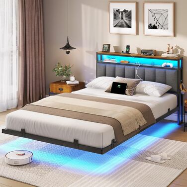 М&39яке ліжко 140x200 см із зарядною станцією та світлодіодним освітленням, каркас двоспального ліжка з місцем для зберігання, узголів&39ям та рейковою основою, плаваючий візуальний ефект, сучасний лляний каркас ліжка, матрац не входить до комплекту, темн