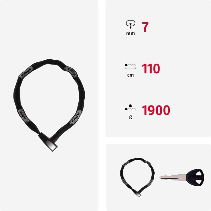 Ланцюговий замок ABUS Steel-O-Chain 8807K Гнучкий велосипедний замок із загартованої сталі Рівень безпеки ABUS 8 Чорний 110 см Одинарний