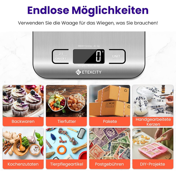 Кухонні ваги ETEKCITY, цифрові 5 кг з великим РК-дисплеєм, цифрова шкала, буквена шкала з великою ваговою поверхнею з нержавіючої