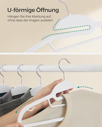Набір з 50 пластикових вішалок для одягу, U-подібний отвір, компактні, товщина 0,5 см, ширина 41,5 см, гачок, що обертається на 360, білий, CRP041W05 Білий 50 шт.