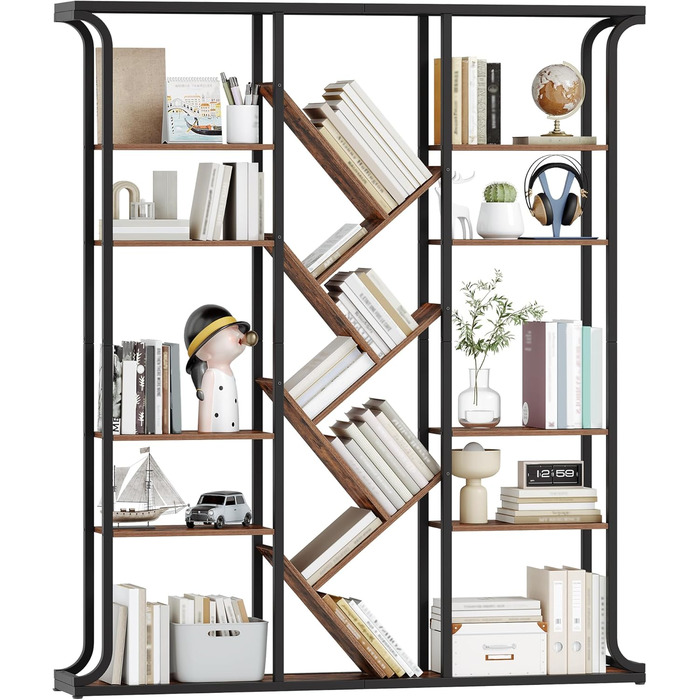 Книжкова полиця Hzuaneri, 3 колони, 6-ярусна книжкова шафа у формі дерева, 17 відкритих незалежних полиць, для домашнього офісу, спальні, вітальні, 24 x 156 x 180 см, вінтажний коричнево-чорний BC53201B