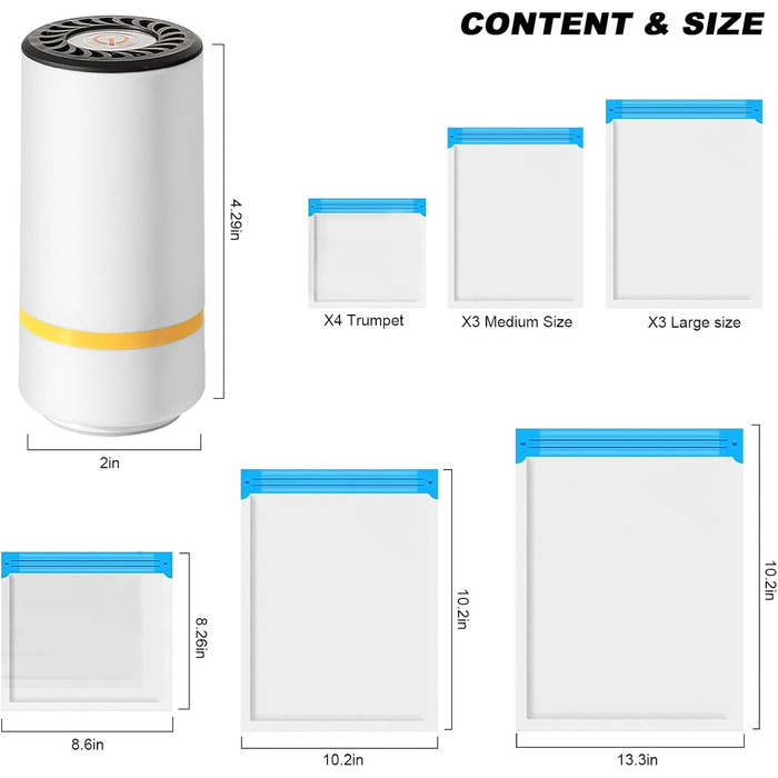 Портативний вакуумний пакувальник для харчових продуктів, USB-зарядка з 10 багаторазовими вакуумними пакетами, компактний і портативний, вакуумний пакувальник для сухої або вологої їжі, вакуумний пакувальник малий