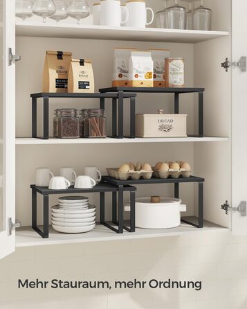 Стійка для спецій, Набір з 4 шт. , Кухонна полиця, Кухонний органайзер, Розширювана, Тримач для спецій, що штабелюється, з металевою рамкою, 19,5 x 29,7 x 15,8 см, Чорнило-чорний колір KCS027B01 Чорнило-чорний Чорне дерево 29,7B см