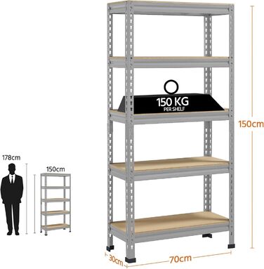 Кутовий стелаж Yaheetech з 5 полицями, металеві стелажі для зберігання, надміцний стелаж, вантажопідйомність 750 кг, підвальний стелаж, безболтовий стелаж, система стелажів, 70 x 30 x 150 см/світло-сірий