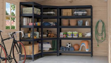 Поліжна система Rivet для важких умов експлуатації, антрацитово-сірий колір, 1 кутова полиця (180x90x45x64,5 см, 250 кг, 4 полиці з HDF) та 2 полиці без болтів (180x90x45 та 180x120x45 см, 250 кг)