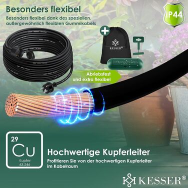 Подовжувач KESSER 30 м із захисним ковпачком Зовнішній - для внутрішнього використання на вулиці - Подовжувач кабелю живлення - 230 В IP44 - зі штепсельною вилкою Schuko - Захисний контактний кабель Захисний контактний штекер 30 м Чорний