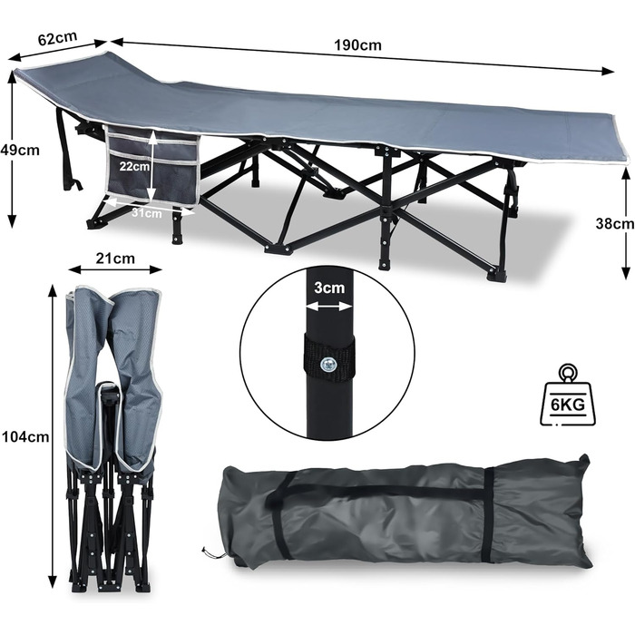 Розкладне похідне ліжко з сумкою для зберігання, транспортна сумка, до 250 кг, 190x62x38 см, кемпінговий шезлонг для дорослих, сад, кемпінг, подорожі, на природі, в приміщенні