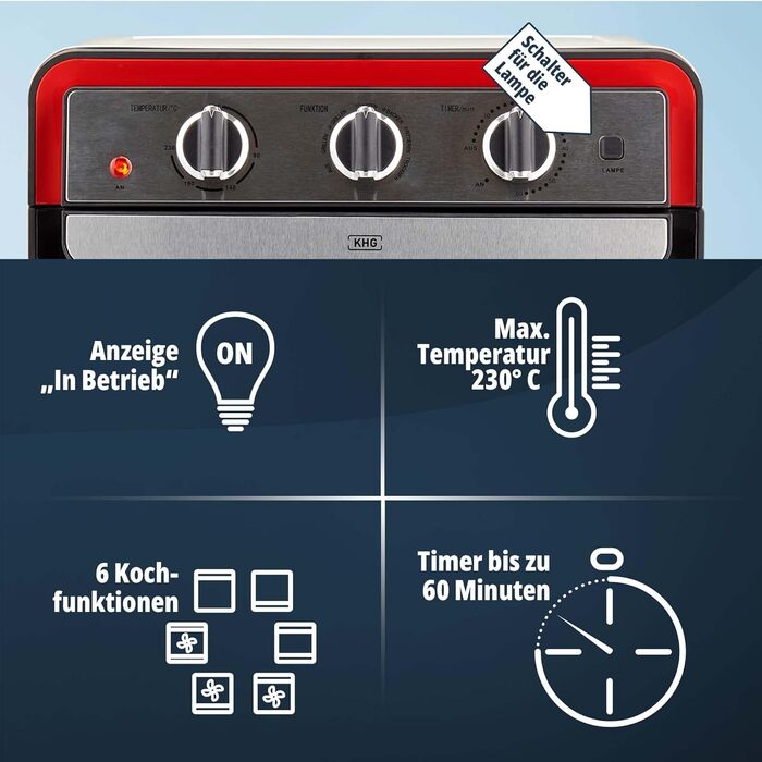 Міні-піч KHG Retro MBO-22CS з конвекцією, верхнім/нижнім нагріванням та гарячим повітрям, 22 л, 230 C, 1700 Вт, ідеально підходить для гриля, підсмажування, запікання, смаження у фритюрі з таймером, включаючи деко, вертел, кошик для смаження