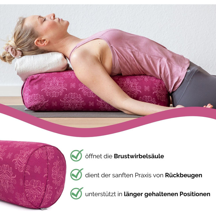 Больстер для йоги Бодхі Ø 22 см Колекція Махараджа Больстер для йоги зі 100 бавовни Ролик для йоги з волокнами капок Подушка для відновлювальної та Інь-йоги з листям Бодхі / темно-зелений