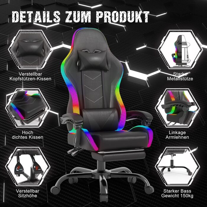 Ігрове крісло Devoko LED з масажем, комп'ютерне крісло з масажною подушкою для попереку, гоночне геймерське крісло ергономічне з р