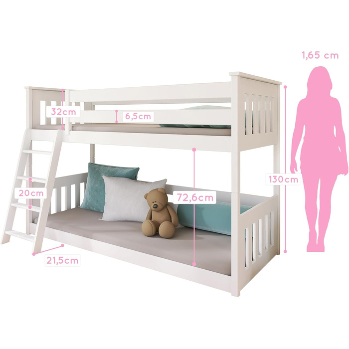 Дитяче ліжко-горище 90x200 см з поручнями та двома рейковими основами білого кольору Ліжко для дівчаток та хлопчиків Дитяче ліжко Підліткове ліжко 90x200 см Для дітей віком від 4 до 18 років 90 x 200 см (матраци не входять до комплекту) Білий