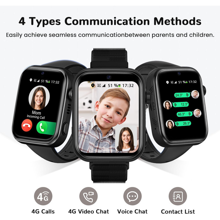 Новий смарт-годинник 2026 року для дітей з відеодзвінками та телефоном, дитячий годинник з голосовим чатом/WhatsApp/WiFi/SOS/SMS/GPS/шкільним режимом/крокоміром/будильником, смарт-годинник для дітей дівчаток/хлопчиків чорного кольору 4-14 років