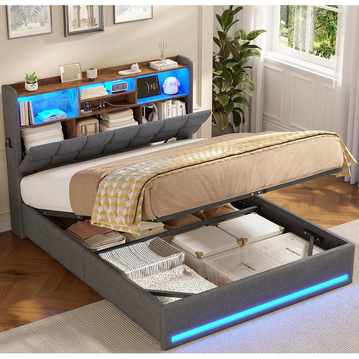 М&39яке ліжко 140200 см Гідравлічне ліжко з відсіком для зберігання речей та світлодіодним освітленням Дитяче ліжко з портами USB та Type-C Двоспальне ліжко Каркас ліжка з дерев&39яними ламелями, лляна тканина, без матраца (Темно-сірий, 140x200 см) 140x20