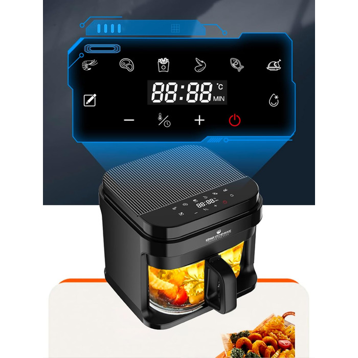 Фритюрниця KHF-550, 5,5 літрів, 1 200 Вт, сенсорний дисплей, скляний кошик для смаження без покриття, фритюрниця з щипцями та силіконовою підставкою (стандартна версія KHF-550)
