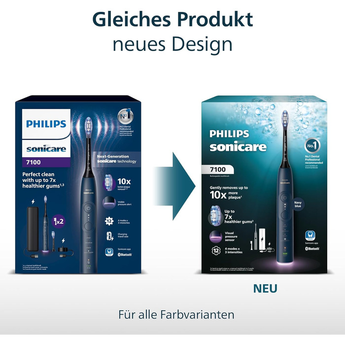 Електрична звукова зубна щітка з підключенням до додатку, 4 режими чищення, 3 рівні інтенсивності, контроль тиску, EasyStart, SmartTimer, чорний колір, модель HX7421/08 Нова технологія Sonicare 7100, чорна, 4 насадки для щітки, 7100