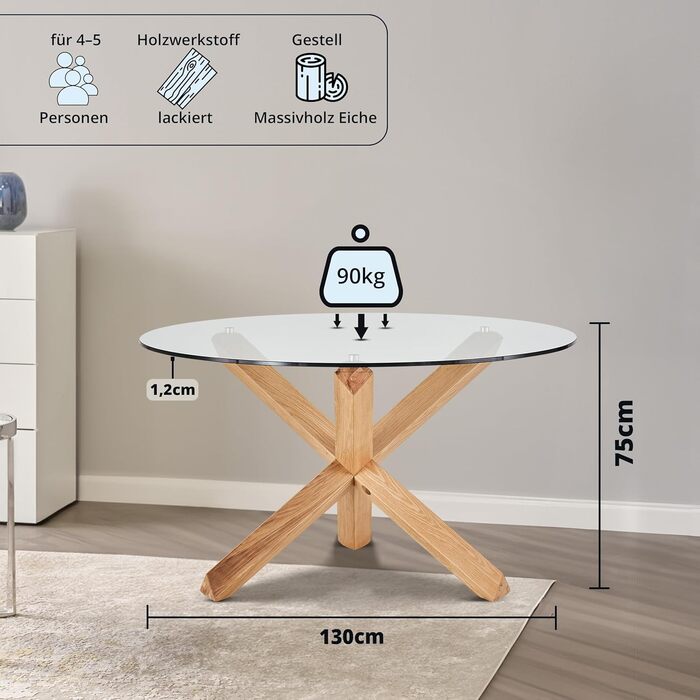 Круглий обідній стіл KHG, діаметр 130 см, скло - каркас з масиву дуба, скляна стільниця (вантажопідйомність до 90 кг) - кухонний стіл у скандинавському стилі, круглий, 130 см, скло