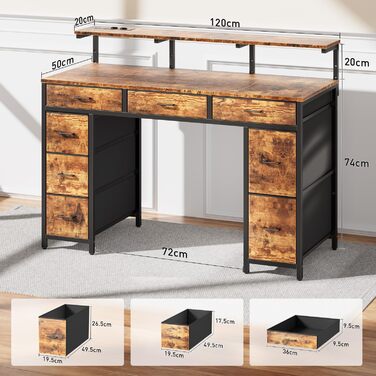 Письмовий стіл з 8 шухлядами, комп&39ютерний стіл з 2 розетками та 2 USB-портами для зарядки, офісний стіл зі світлодіодним освітленням та підставкою для монітора, ПК-стіл для офісу, вітальні, 120 x 50 x 74 см, коричневий
