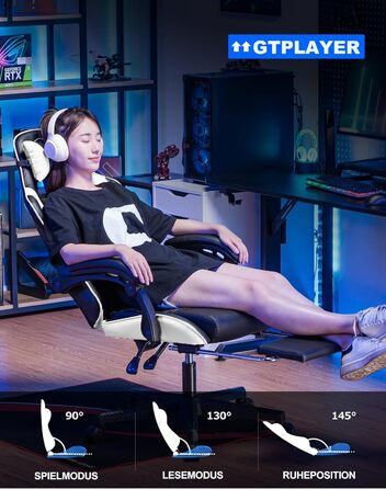Ігрове крісло GTPLAYER, ергономічне офісне крісло з підставкою для ніг, регульованим поперековим відділом хребта та підголівником, м&39яке ігрове крісло, ігрове крісло вантажопідйомністю 150 кг, білий колір