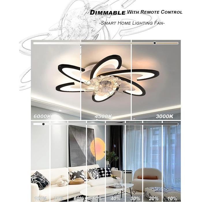 Стельовий вентилятор Bossen з підсвічуванням, 67см, 70Вт тихий сучасний світлодіодний стельовий вентилятор з пультом дистанційного