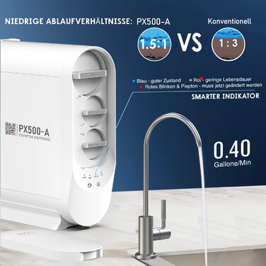 Система зворотного осмосу Frizzlife PX500-A, система водяного фільтра - лужна та ремінералізація, без резервуару для води, 500 GPD швидкий фільтр зворотного осмосу, коефіцієнт зливу 1,51, знижений TDS, кран із матовим нікелем