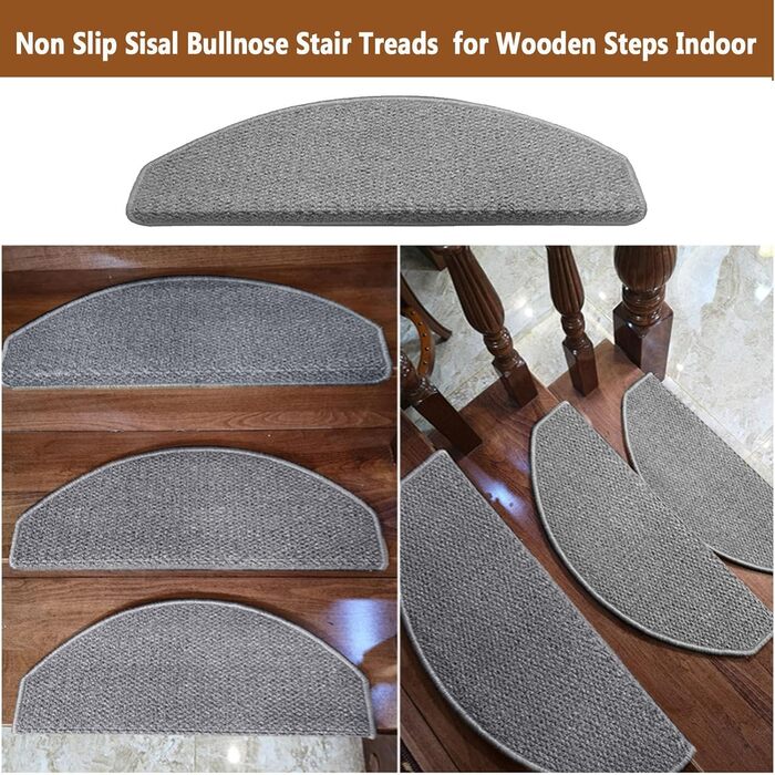 Нековзні сходинки з імітації сизалю з заокругленими краями для дерев'яних сходинок у приміщенні, самоклеючі килимові доріжки з антиковзким покриттям, знімні та багаторазові захисні сходи Arc - Сірий 3 шт. - 63.5x24.1 см