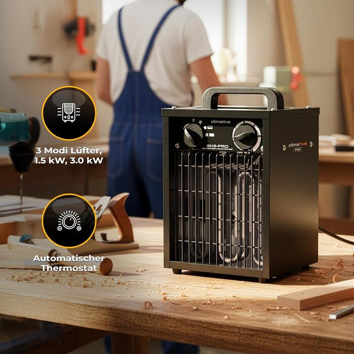 Електричний вентилятор-обігрівач 3 кВт з термостатом, IP24 EH-3 PRO, обігрівач для майстерні, 495 м/год, радіатор, обігрівач для гаража, обігрівач для будівництва, енергозберігаючий вентилятор-обігрівач