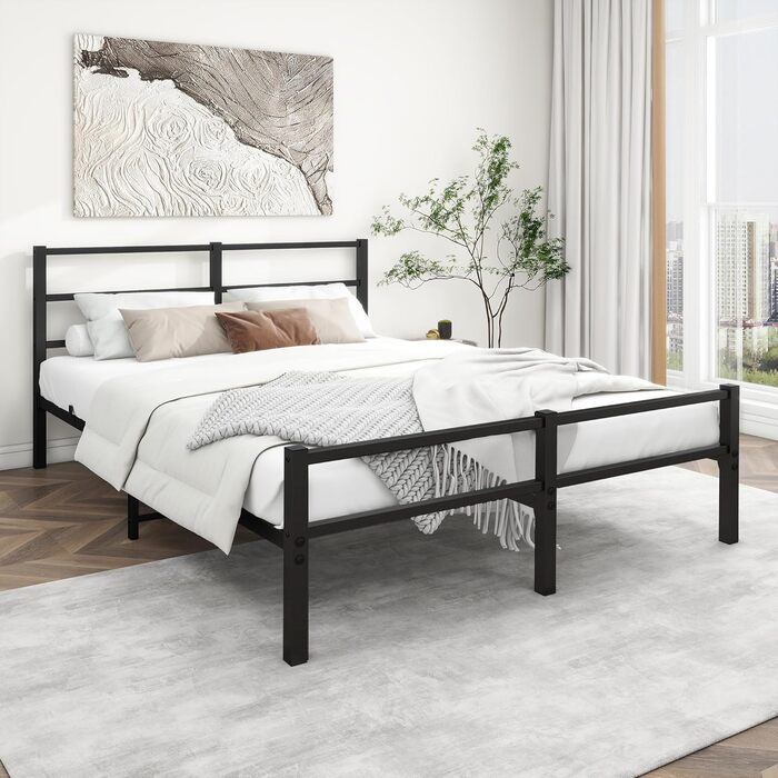 Металеве ліжко 140x200 см з каркасом ліжка з узголів&39ям та узніжжям, ліжко для дорослих, гостьове ліжко, двоспальне ліжко, чорне 140 x 200 см