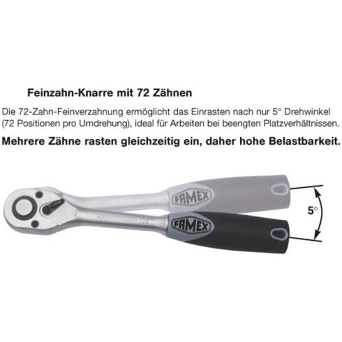 Дрібнозуба тріскачка Famex 10643, 72 зуба, привід 10 мм (3/8 дюйма)