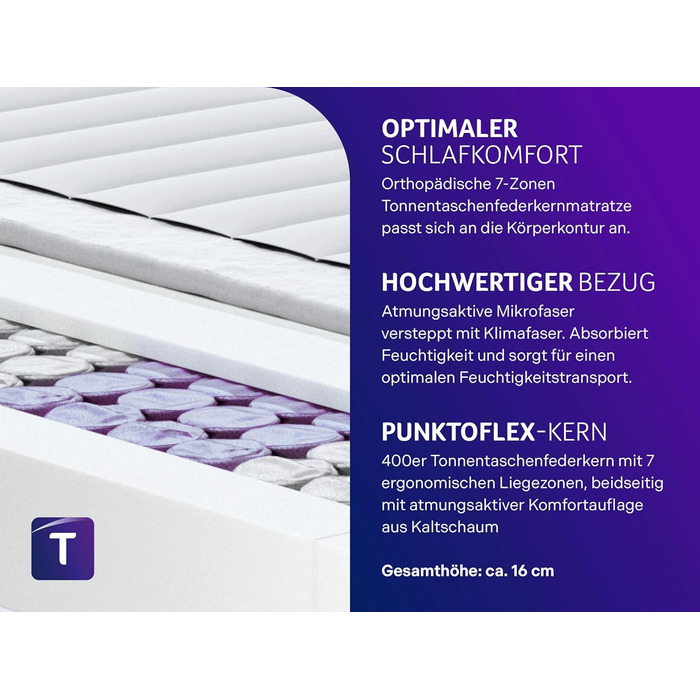 Ортопедичний матрац Traumnacht із 7 зонами та пружинами кишенькової форми, рівень жорсткості 3 (H3), 100 x 200 см, сертифікований Oeko-Tex, виготовлений відповідно до німецьких стандартів якості, 100 x 200 см, 16 см