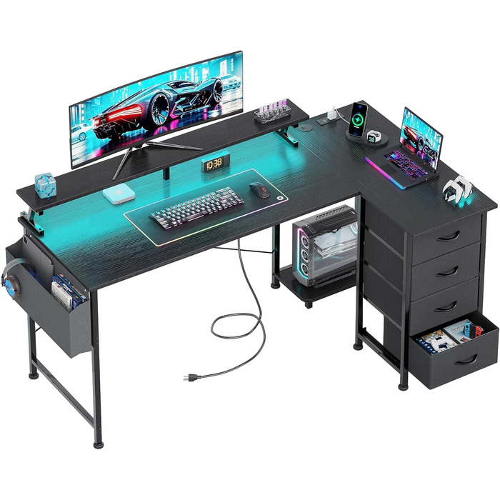 Г-подібний ігровий стіл VERMESS з 4 шухлядами, 160 см, двосторонній, столи для домашнього офісу з розетками, Г-подібний комп&39ютерний стіл з портом зарядки USB та підставкою, кутовий стіл 160,02 см чорний