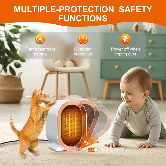 Портативний обігрівач потужністю 1200 Вт, дитячий обігрівач, тихий, 2 режими нагріву, керамічний PTC обігрівач, захист від перегріву та перекидання для тата, офісу, дому, спальні, білий