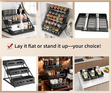 Рівнева складна полиця для спецій Bokelai, регульована по висоті кухонна полиця для зберігання Органайзер для спецій з протиковзкими накладками Металевий органайзер для спецій для шафи та стільниці Чорний - 3 рівні, 3-