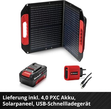 Акумуляторна енергостанція Einhell TE-ES 18/150/1 Li-C PXC (18 В, інвертор, роз'єми 230 В та 12 В, USB-A та USB-C PD, функція зарядки, в комплекті акумулятор PXC 4.0 Аг, сонячна панель, швидкий USB-зарядний пристрій)