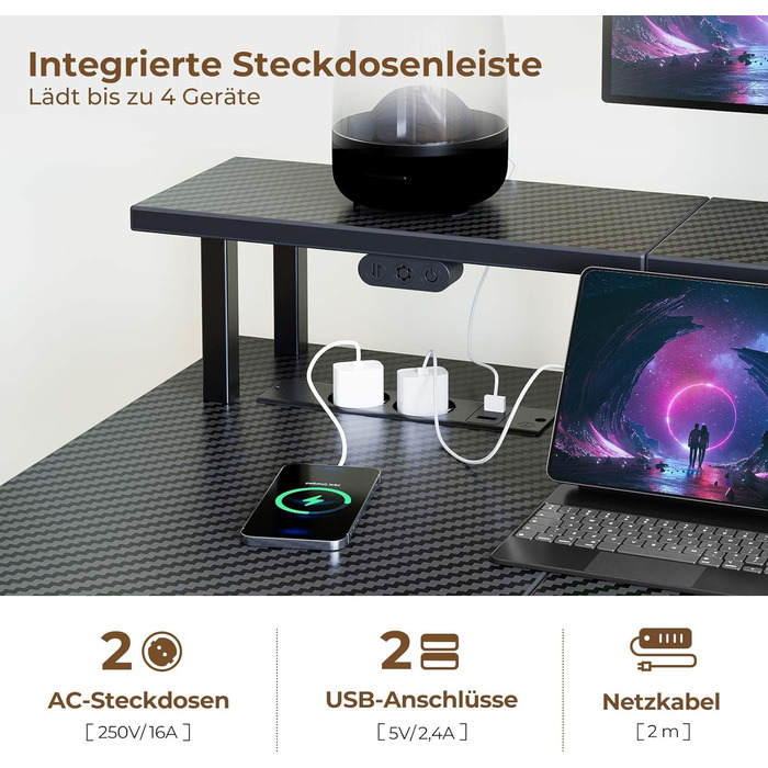 Ігровий стіл SEVEN WARRIOR зі світлодіодним освітленням та розетками, ігровий стіл з підставкою для монітора, комп&39ютерний стіл з 2 гачками, ідеально підходить для кабінету, спальні, вітальні, 100 x 47 x 87 см