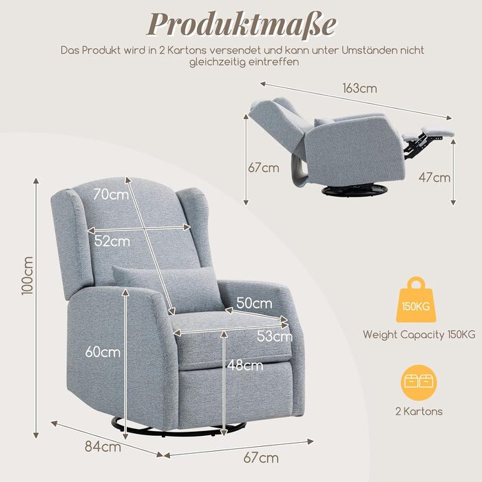 Крісло-гойдалка з функцією відкидання спинки, крісло для телевізора з поворотом на 360 для вітальні, крісло-гойдалка з м&39якою поперековою опорою, крісло для телевізора з функцією гойдання, ручне регулювання (сіре)