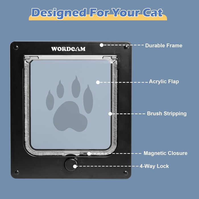 Котячі дверцята Wordcam XL, міцні котячі дверцята для внутрішніх та зовнішніх дверей, 4-стороннє замикання, дверцята для котів, кошенят, собак вагою до 11,3 кг, легке встановлення, водонепроникні (чорні)