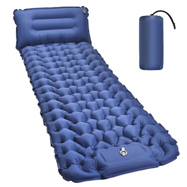 Килимок для сну, надувний матрац висотою 10 см для кемпінгу, невеликий розмір упаковки, надлегкий надувний килимок для сну з ножним насосом, водонепроникний килимок для сну для активного відпочинку, походів, пляжу, синій