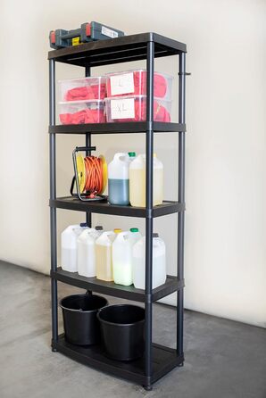 Пластиковий стелаж - з 5 полицями - висота 180 см, ширина 74 см - виготовлений з міцного пластику - для підвалу, гаража, комори, саду - до 50 кг/полиця - вставний стелаж - Чорний 180x74x40 см