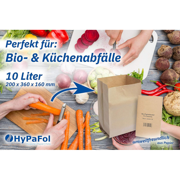 Паперові сміттєві пакети Hypafol Bio, 300 шт. Біорозкладні коричневі пакети для органічних відходів для компостування, органічних відходів та інших відходів Без пластику 1-шарові, місткість 10 л 200x160x360 мм