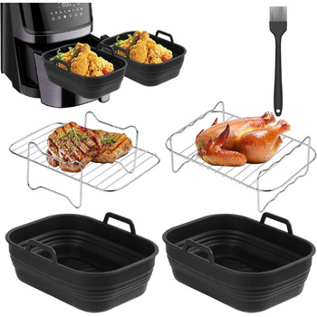 Аксесуари для фритюрниці Slumou, Аксесуари для подвійної фритюрниці для Ninja Foodi AF400EU, AF400EUCP, Cosori, подвійні аксесуари для фритюрниці 7.6-9.5 л, 5 шт. зі складною силіконовою формою, решітки для фритюрниці, масляна щітка