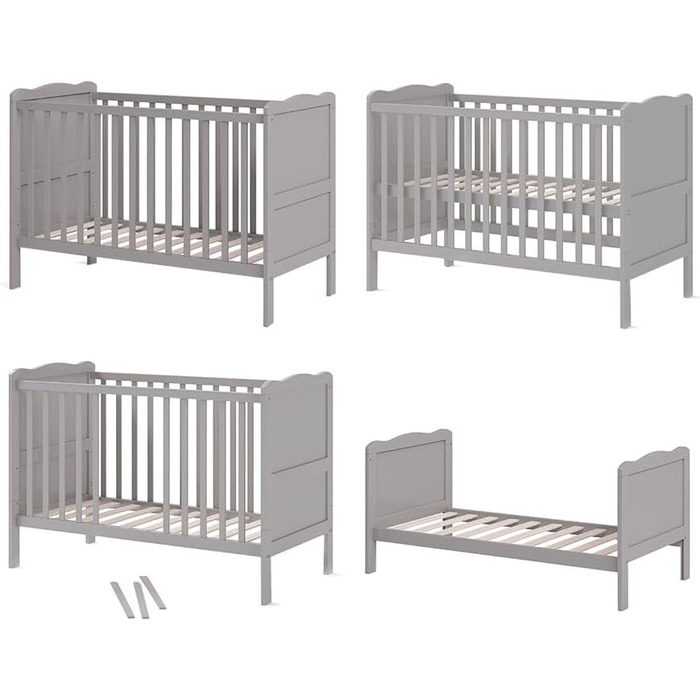 Дитяче ліжечко 60x120 см Tobi - сіре 124x87x65 см з дерева - дитяче ліжко із захистом від падіння, призначене для новонароджених та немовлят, з регульованою по висоті рейковою основою