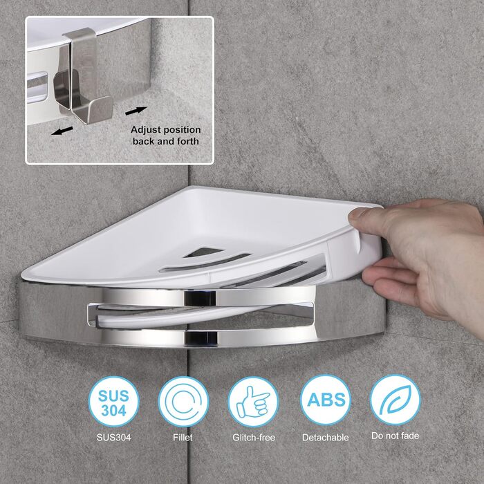 Кутова полиця для душу DUFU без свердління, самоклеюча, з нержавіючої сталі SUS304 та ABS-пластику. Набір з 2 кутових кошиків для душу з 2 гачками для організації ванної кімнати, сріблястого кольору (A-срібло).