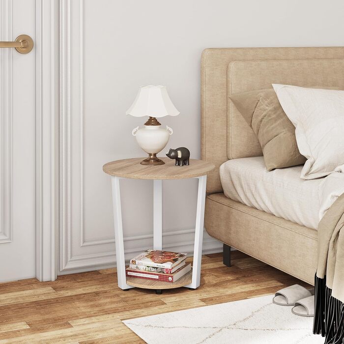 Круглий журнальний столик WOLTU, сучасний журнальний столик, невеликий столик для вітальні, диванний столик з 2 полицями, столик для вітальні для дивана, тумбочка, з місцем для зберігання, виготовлений з інженерної деревини, світлий дуб, BTS13hei