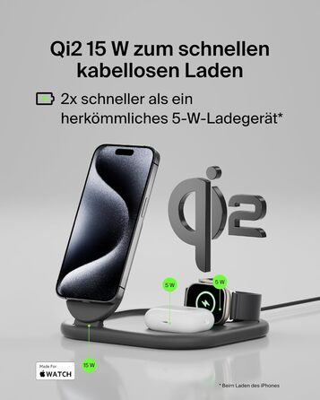 Зарядний пристрій Belkin BoostCharge індуктивна зарядна станція 3-в-1 Qi2, 15 Вт, складна підставка, сумісна з MagSafe, для Apple