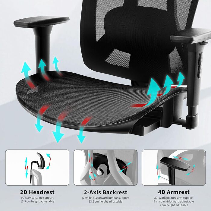 Ергономічне офісне крісло з 2-осьовою регульованою поперековою опорою, крісло керівника з карбонової сітки, комп&39ютерне крісло з високою спинкою та водоспадним сидінням, вантажопідйомність 150 кг. Сітка.