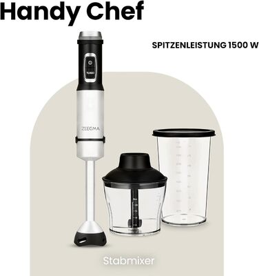 Ручний блендер ZEEGMA Handy Chef 5в1 багатофункціональний 1500 Вт, набір насадок блендер, блендер, віночок, гачок для змішування, кухонний комбайн 0,6 л, контейнер 0,8 л, турборежим, регулювання швидкості
