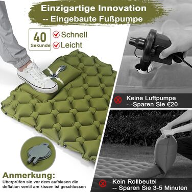 Надлегкий надувний килимок для кемпінгу 800 г R-значення 3.0 на 4 сезони, міцний водонепроникний надувний матрац для походів, трекінгу, використання на природі у військових цілях, зелений, одномісний